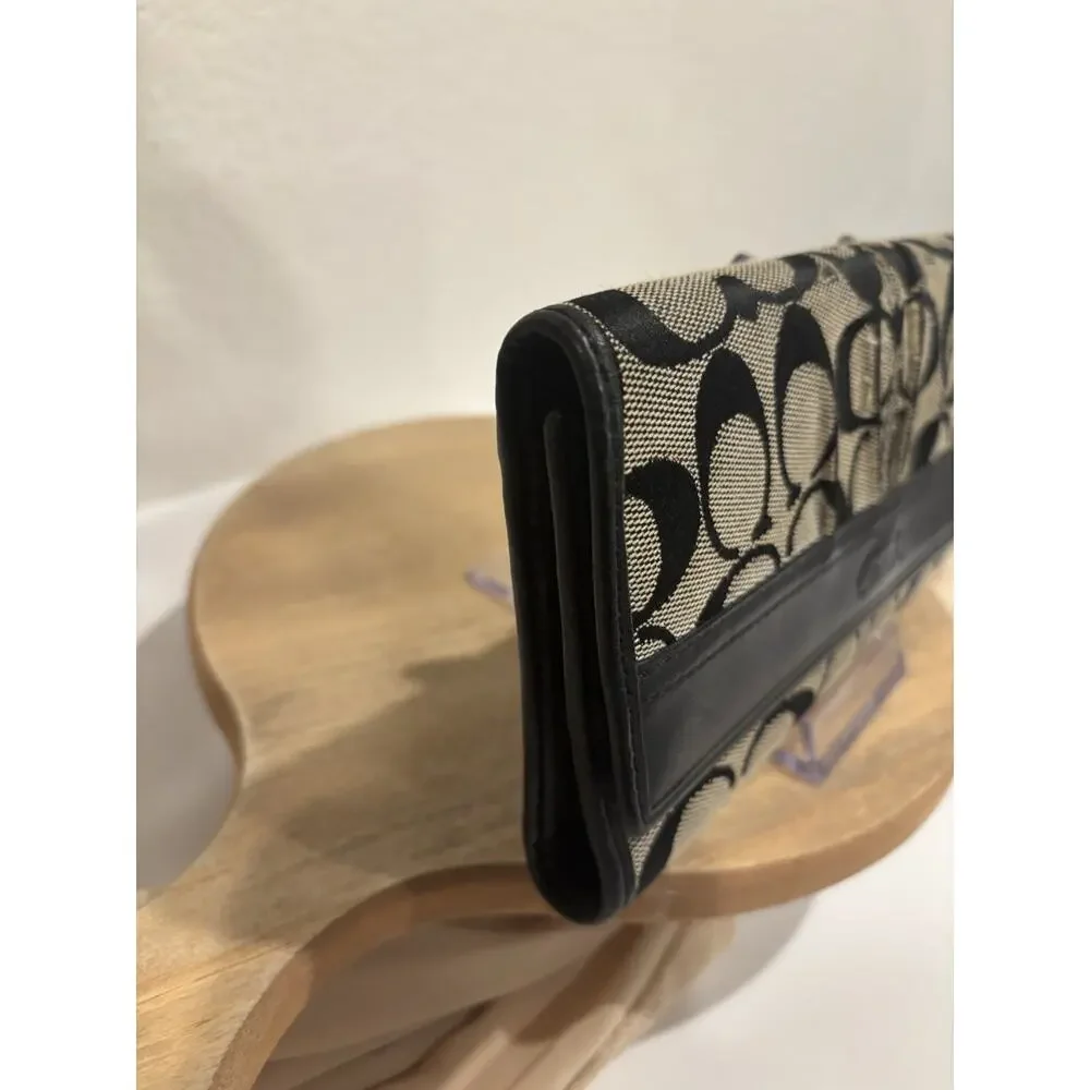 Coach Signature Black & Khaki Jacquard Trifold Wallet Checkbook Organizer